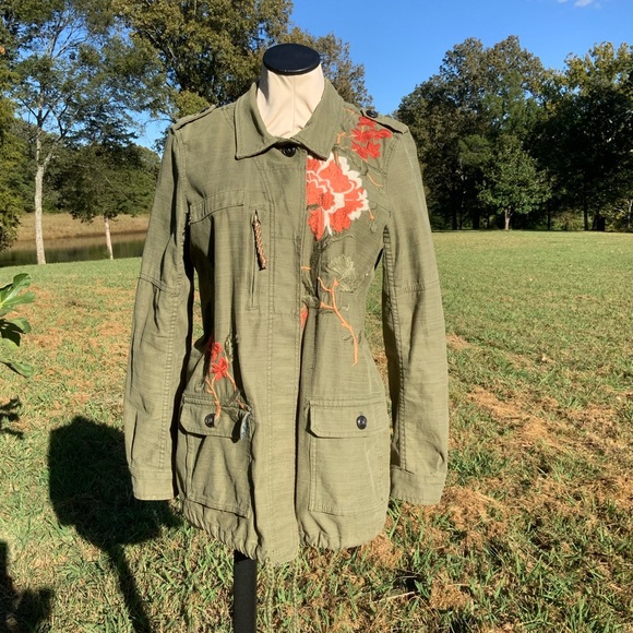 Anthropologie Hei Hei Floral Embroidered Field Utility Military  Green Jacket M - Picture 10 of 10